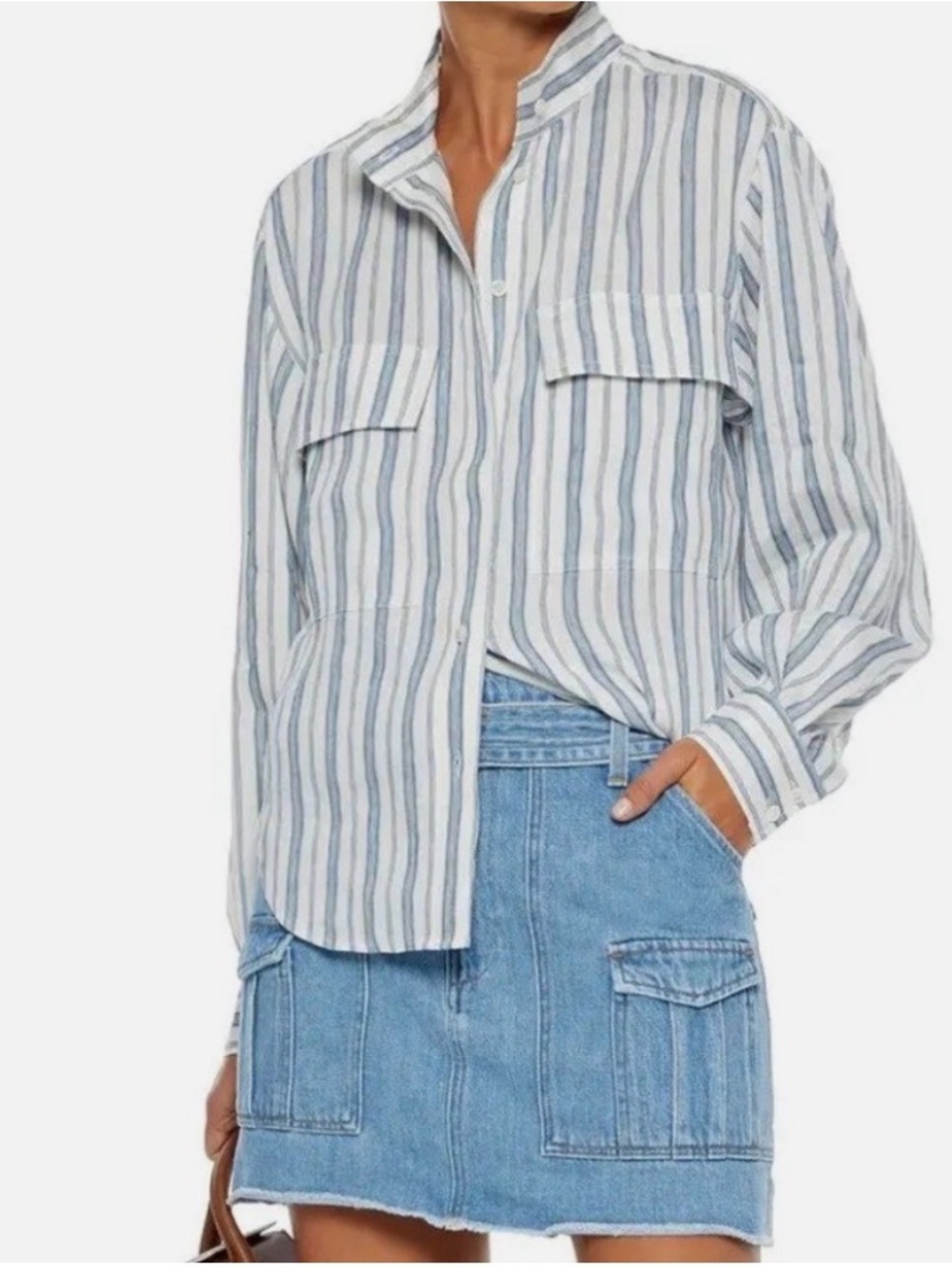 FRAME Clean Safari Striped Linen Blend Shirt Button Down Stand Collar Size Small